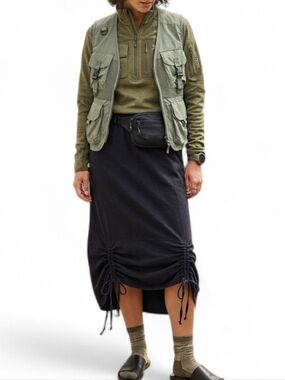 Vintage 90s Gorpcore Black Cotton Ruched Drawstring Midi Skirt Made in USA M